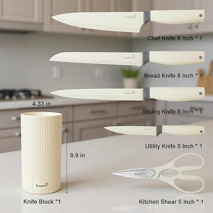 KUISINE Upgraded Sharp Chef Knife Set,High Carbon Stainless Steel Ergonomic Handle Knife Set with 3-hole Bottom Block,Easy to Drain and Clean(Ivory Silver Pro,6PCS)