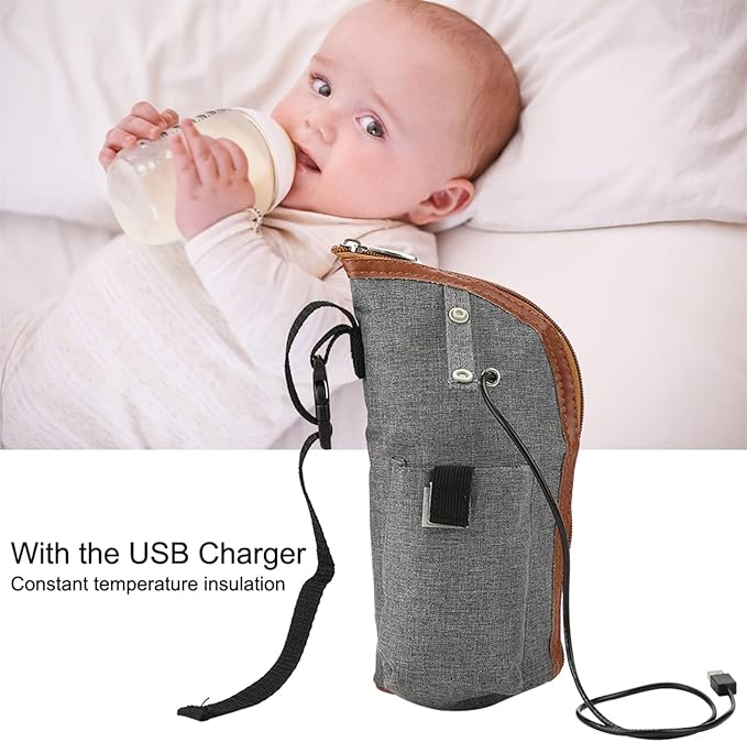 Milltrip USB Bottle Heated Cover - Portable Milk Warmer Bag with Adjustable Heating (37-42°C), Fits Most Baby Bottles - Fast & Even Heating for Travel, Car & Home Use (Gray)