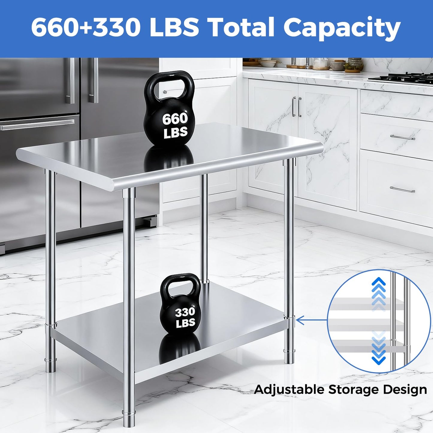 OSTBA Stainless Steel Table for Prep & Work 24x48 Inches with Casters Wheels and Backsplash, NSF Metal Commercial Heavy Duty Table with Adjustable Undershelf for Restaurant Kitchen Home and Hotel