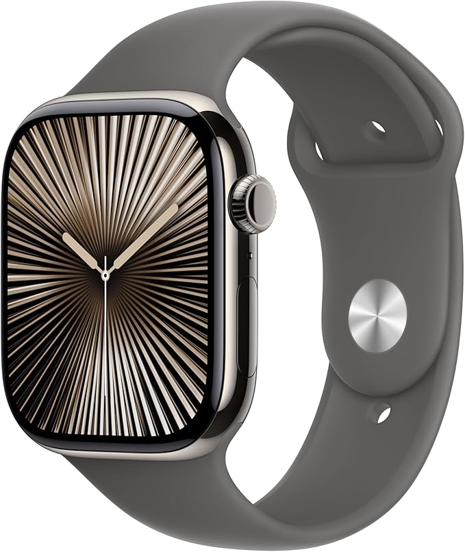 Apple Watch Series 10 [GPS + Cellular 46mm case] Smartwatch with Natural Titanium Case with Stone Grey Sport Band - M/L. F...