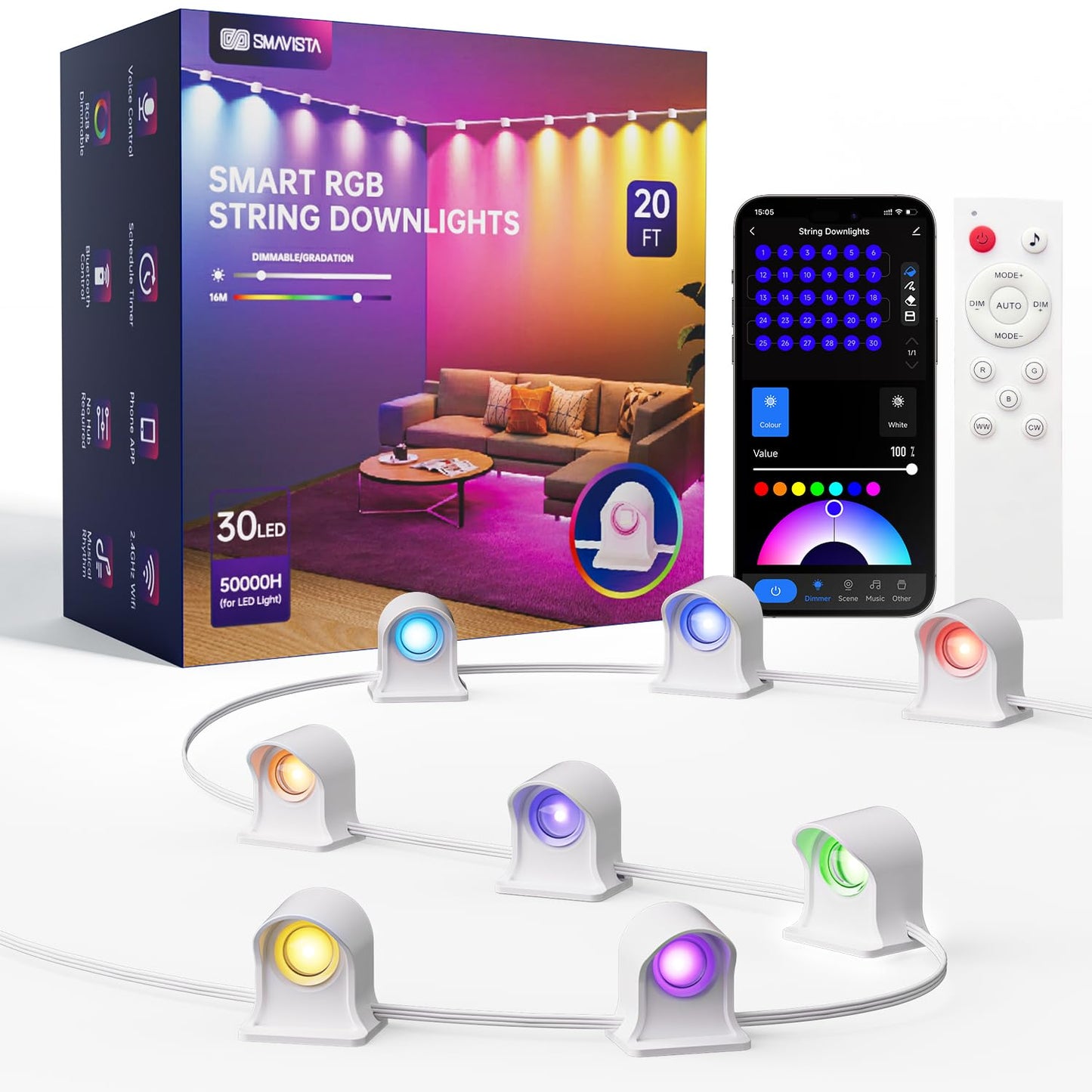 SMAVISTA Smart RGBW+IC String Downlights, 20ft, 30 LED Lights, 111 Scene Modes, Music Sync, White, Model C5108-B