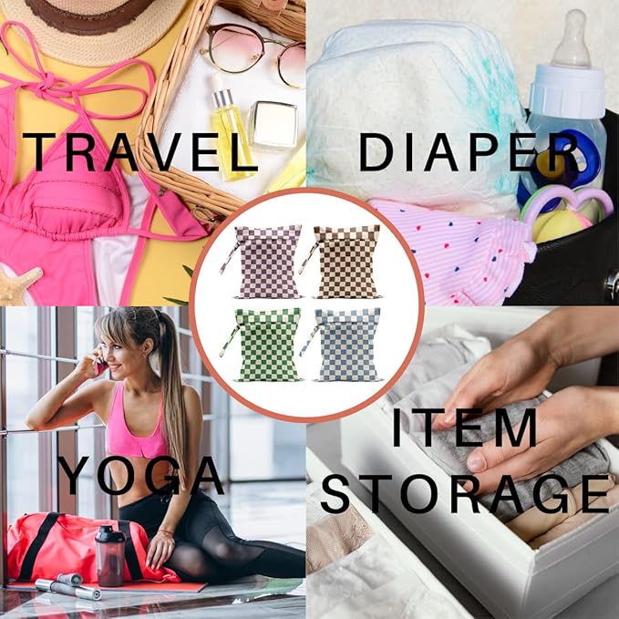 4 Pack Cute Wet Bag Waterproof Washable Reusable Wet Dry Bag for Swimsuit Dirty Clothes Cloth Diaper Travel Beach Pool Yoga Gym Party Camping Toiletries Travel Beach Essentials, Colorful Checkered