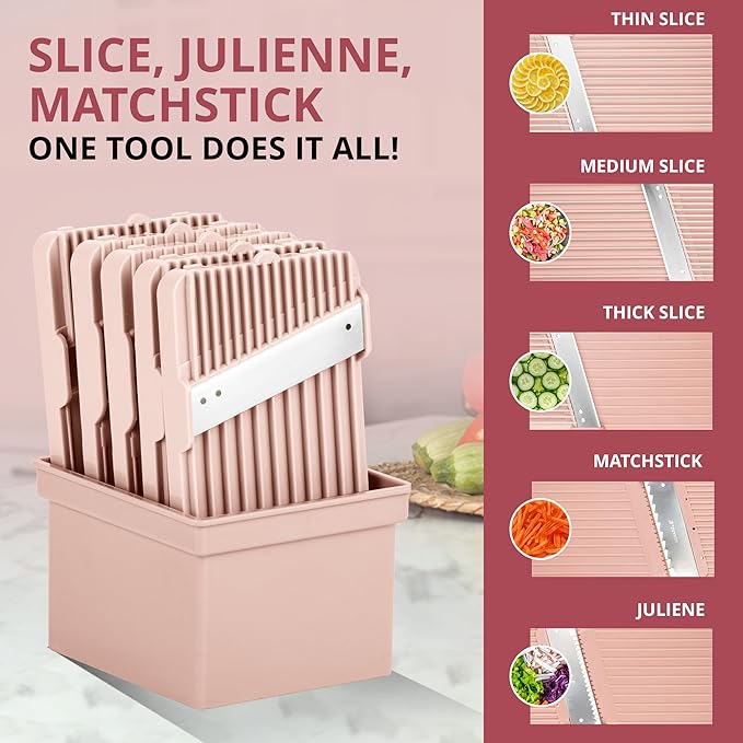 EMSON Safe Mandoline Slicer for Kitchen, All in 1 Mandoline Slicer for Food Works as Potato Slicer, Vegetable Slicer, Food Slicer, French Fry Cutter and More with 5 Blades and Storage Container