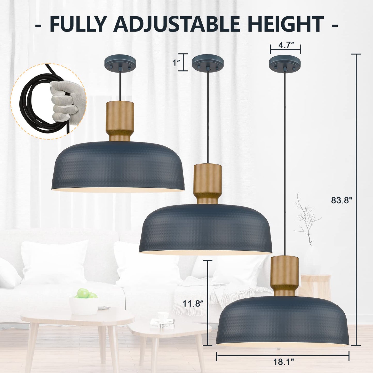 Darkaway Large Industrial Pendant Light Fixtures With Hammered Metal Shade  2 Pack Blue 18.1Inch Oversized Pendant Lighting For Kitchen Island Hanging Lamp Adjustable Height