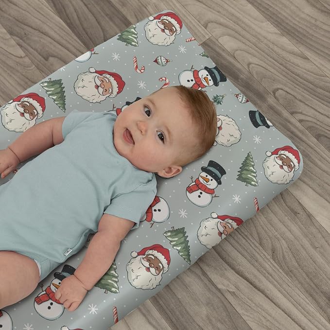 Cute Santa Claus Christmas Trees Baby Changing Pad Covers for Boy Girl Red Santa Snowman Candy Fitted Changing Table Cover Mats Winter Holiday Festive Soft Diaper Change Table Cover Sheets 32''×16''