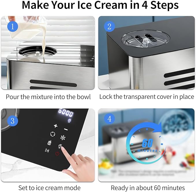 Ice Cream Maker Machine with Compressor: 2.1 Quart Stainless Steel Yogurt Maker - No Pre-Freeze Ice Cream Machine with LCD Display & Timer