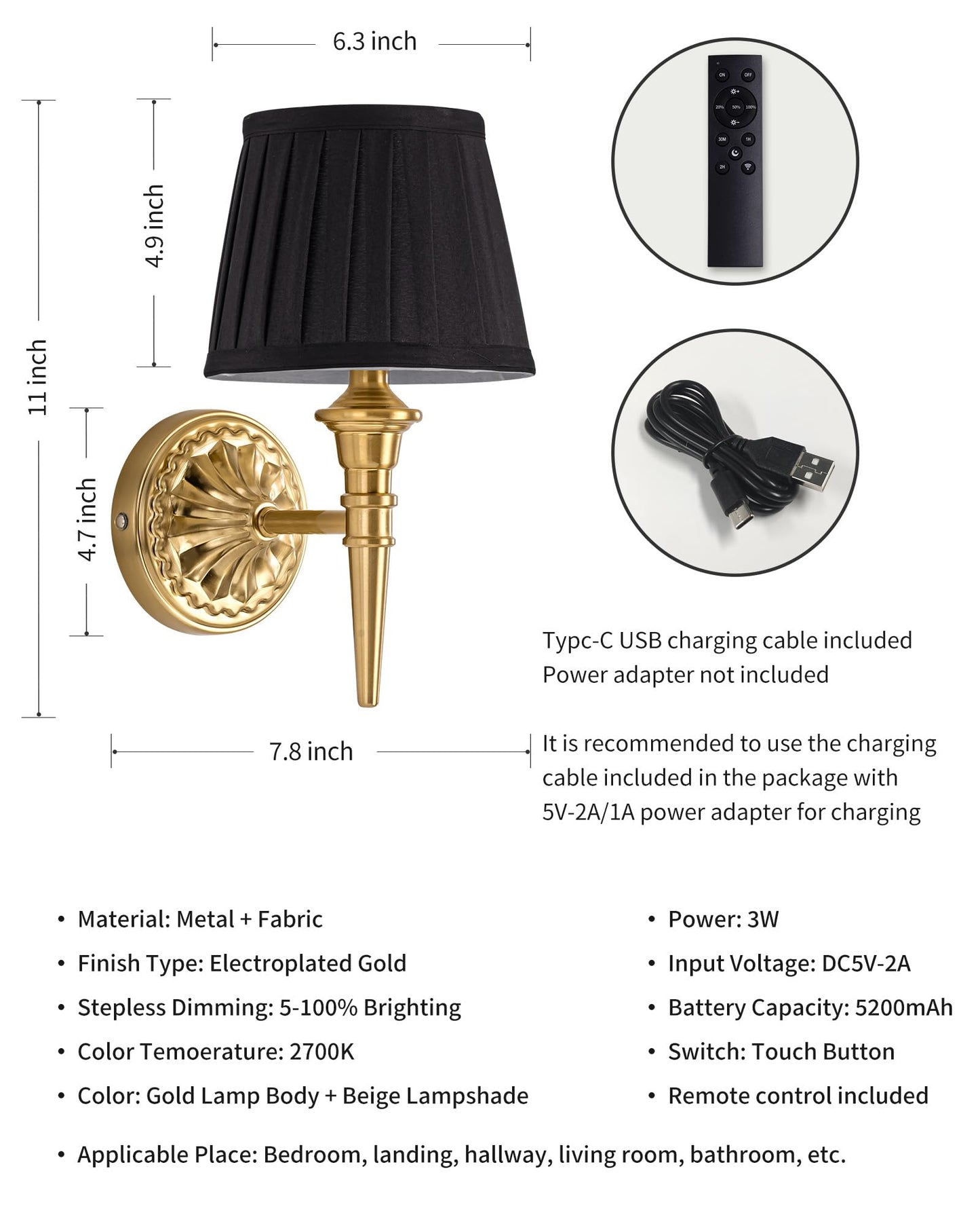 Kdg Cordless Wall Sconces Set Of 2  Small Wireless 5200Mah Rechargeable Battery Fabric Led Wall Lamps  Portables Lightings For Wall discomfort-reducingting  Living Room  Bedroom  Hallway  Gifts (Black Lampshde)