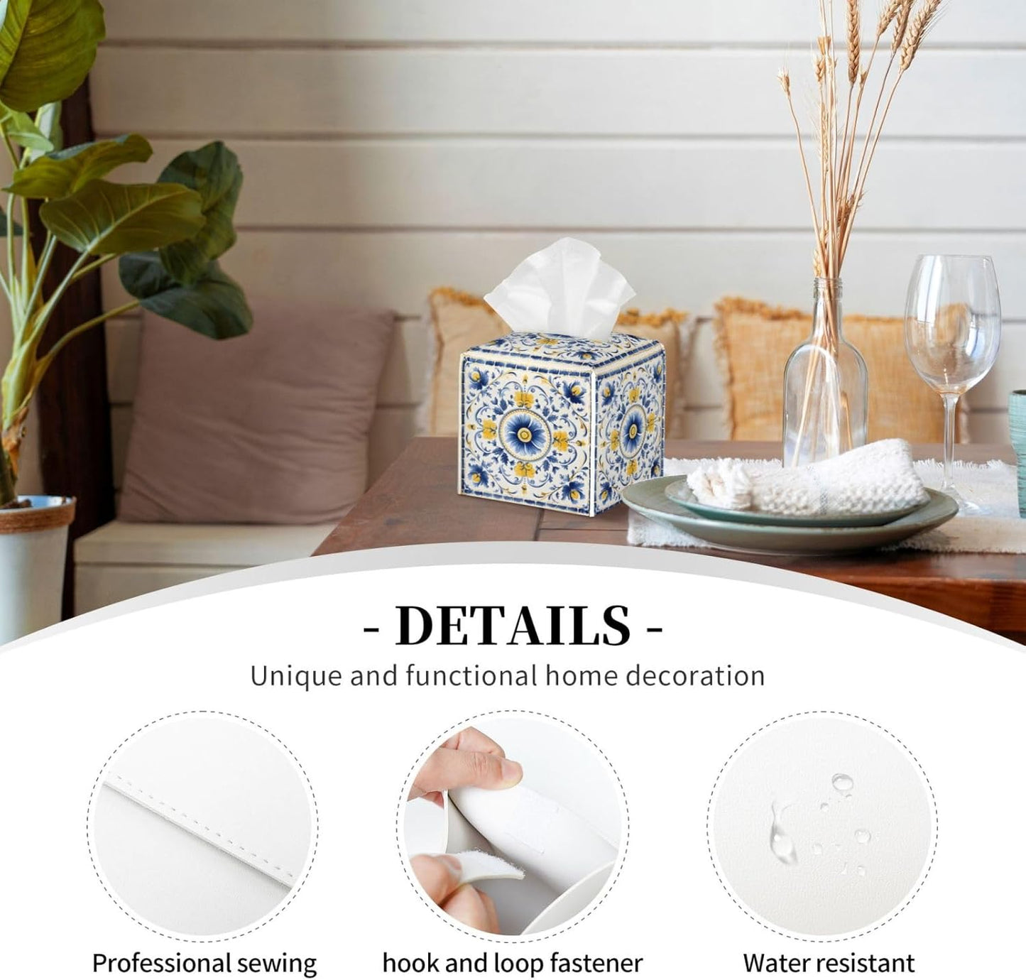 Tissue Box Cover Blue Yellow Antique Tiles Ornament Square PU Leather Tissue Box Holder for Car Bathroom Bedroom Desk Tabletop Decor