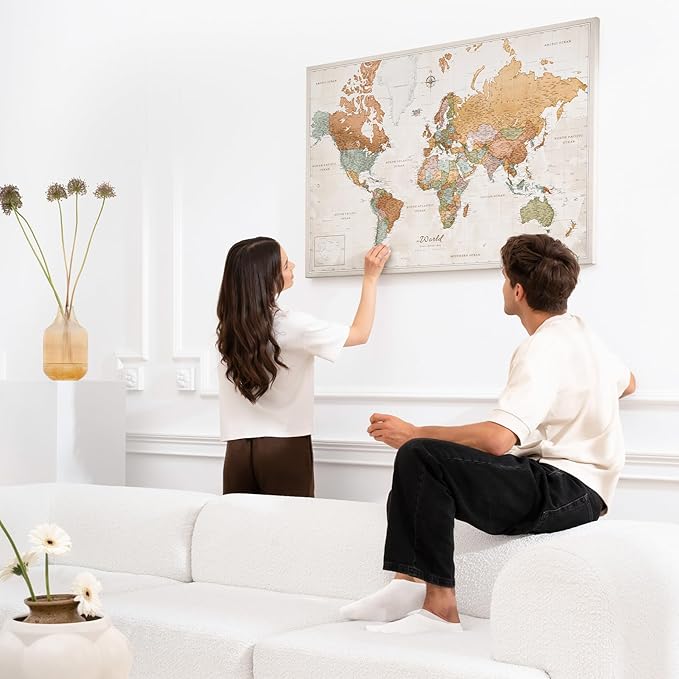 Canvas World Map with Cork Pin Board - English Lettering - Decorative Wall Decoration for All Rooms - Canvas Pictures with World Map Motif (70x50 cm, Pattern 22)