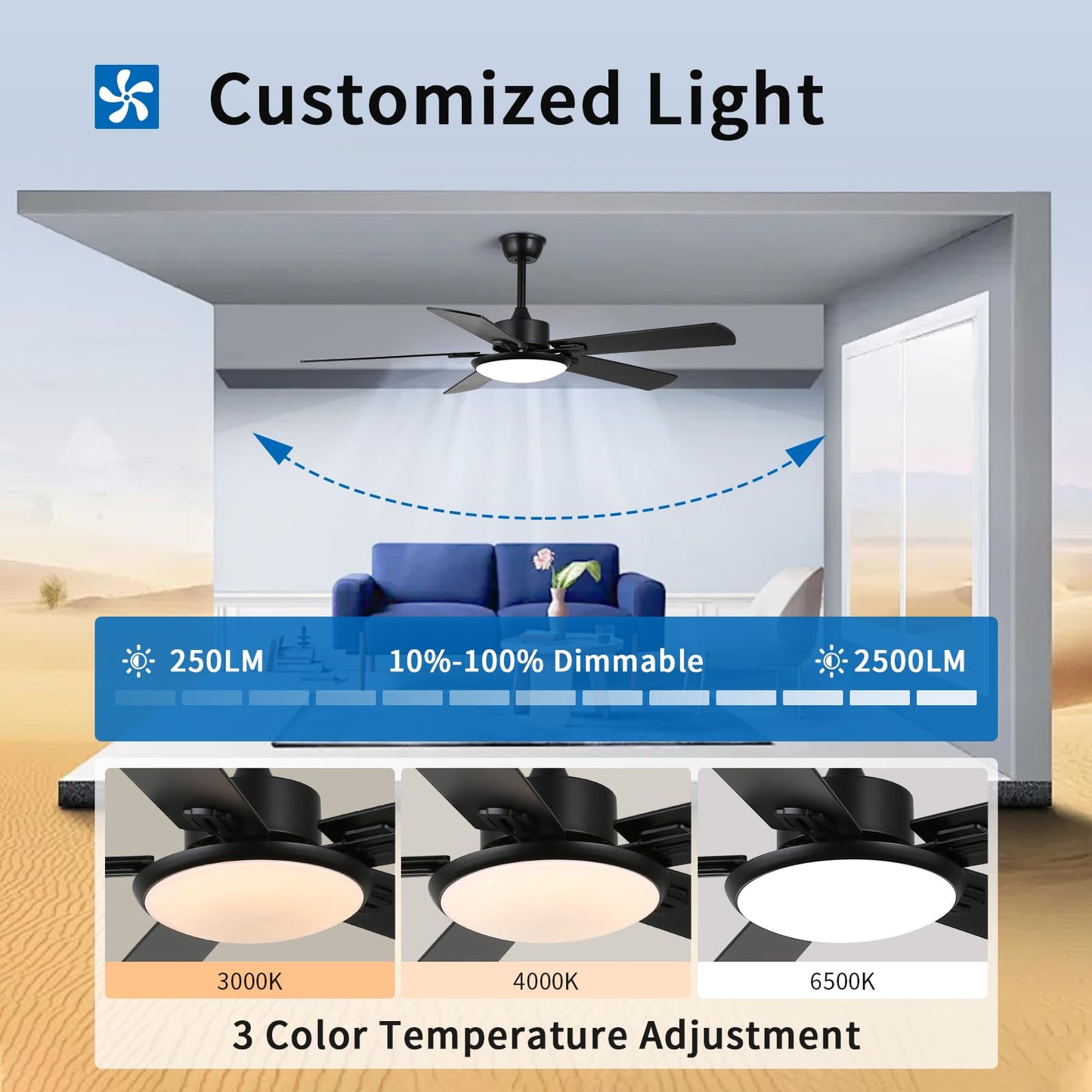 Rienaza Ceiling Fans With Lights,52 Inch Black Ceiling Fan With Light And Remote Control,Reversible,3Cct,Dimmable, Noiseless,Mod