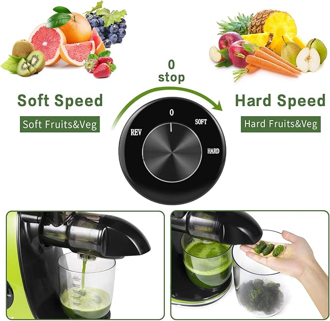 CIRAGO Horizontal Cold Press Juicer, Two Speed Adjustments, Slow Masticating Juicer Extractor, Easy to Clean, Silent Motor, Suitable for Vegetables and Fruits, BPA Free (Green)