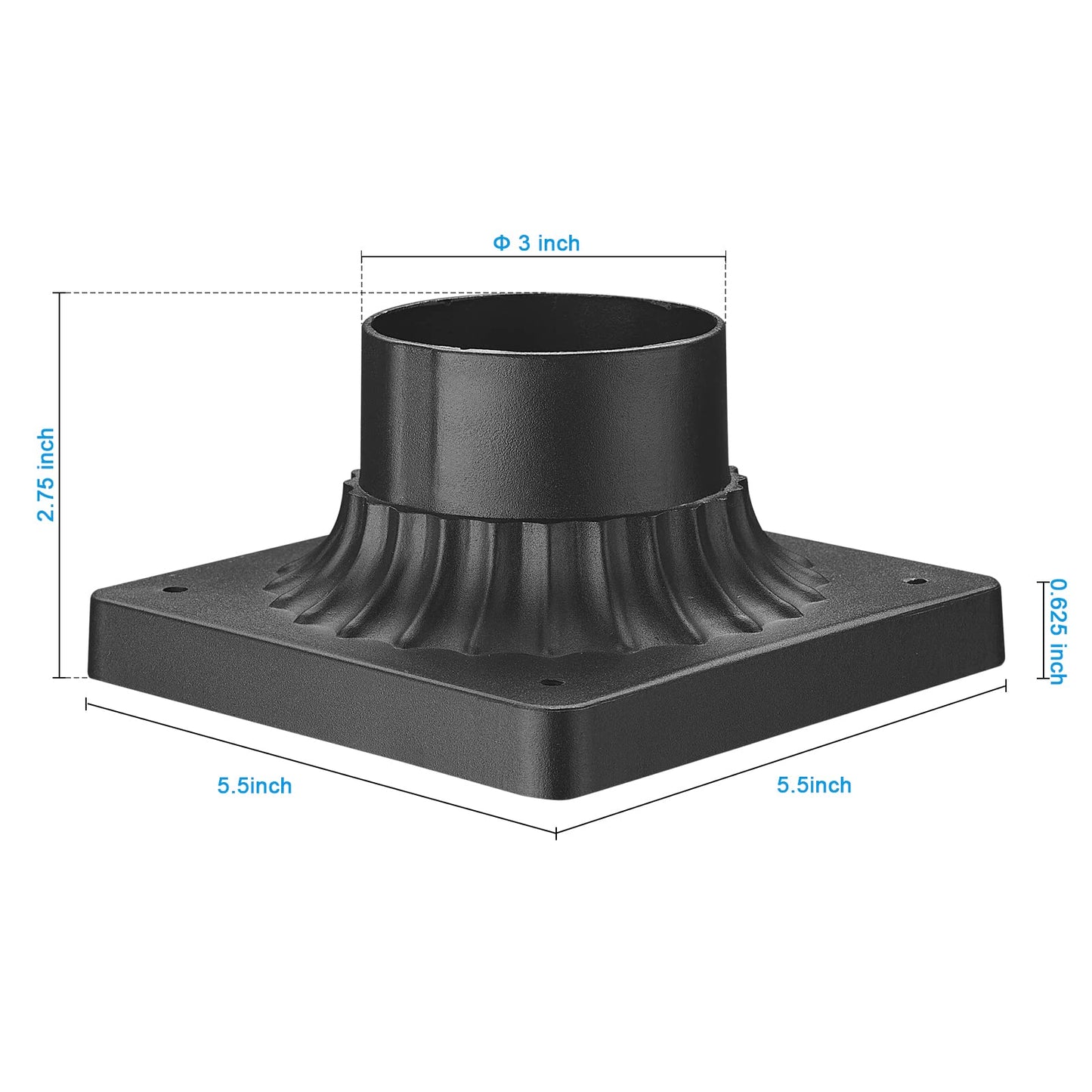 Darkaway Post Light Adapter, 3 Pier Mount Base, Matte Black, Aluminum, 5.5 W X 5.5 D X 2.75 H, 1