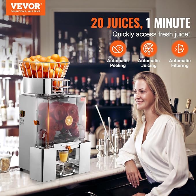 VEVOR Commercial Orange Juicer Machine, 120W Automatic Feeding Juice Extractor, Stainless Steel Juice Extractor for 25 Oranges Per Minute, with Pull-Out Filter Box, PC Cover, 2 Peel Collecting Buckets