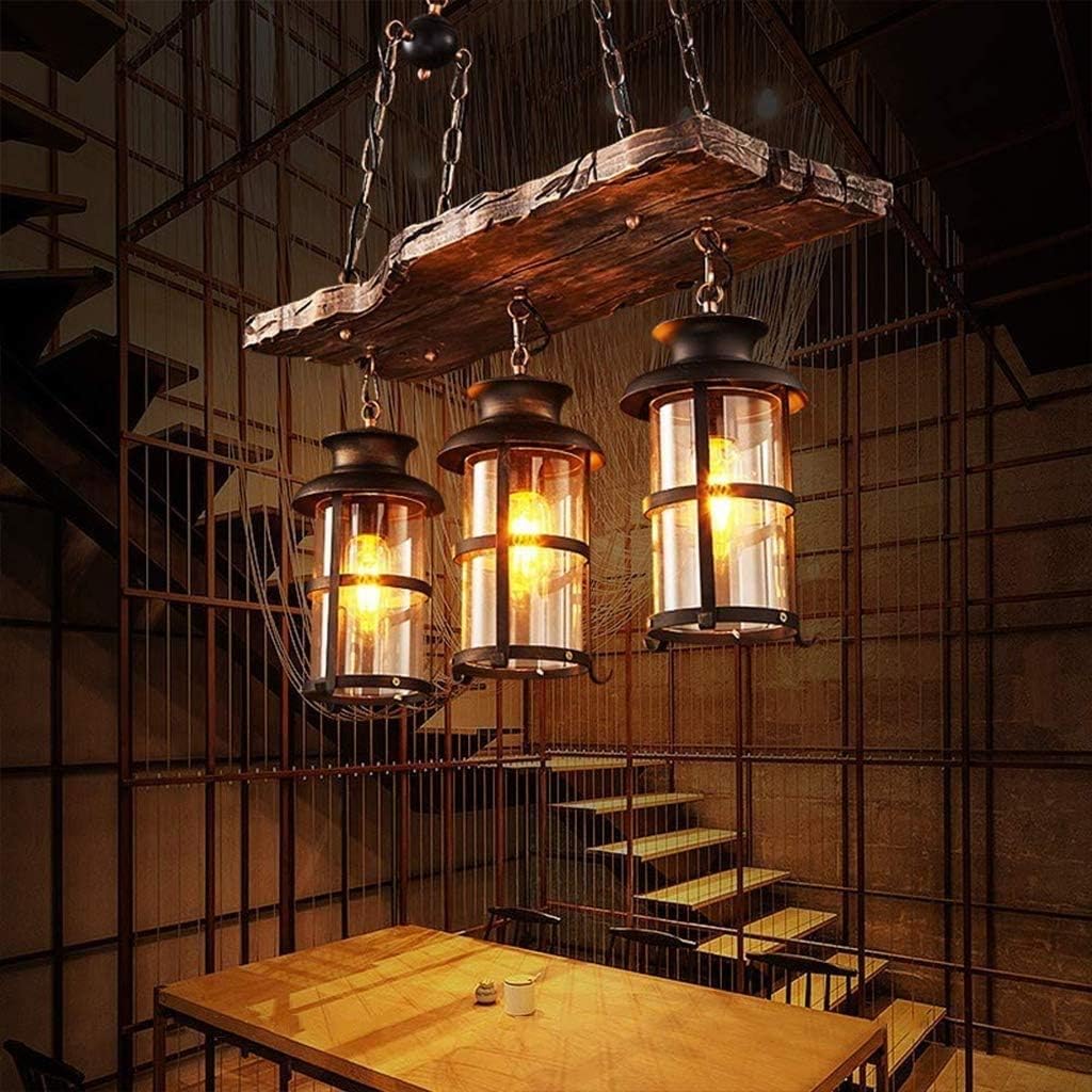 Wood Retro Pendant Lighting Industrial Vintage Chandelier Black Metal Bedroom Restaurant Suspension Lamp Cage Frame with Glass Shade House Loft Bar Coffee Decoration Ceiling Lights Fitting, E27