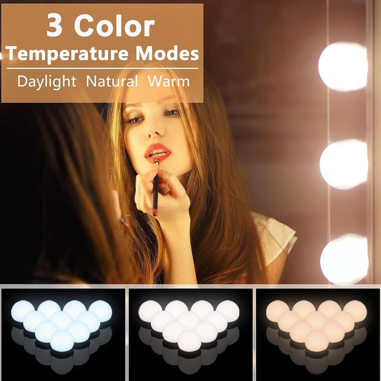 Pretmess Hollywood Style Vanity Lights - 10 Dimmable Bulbs, Adjustable Brightness, Usb Powered, Multicolor, Led, Plastic