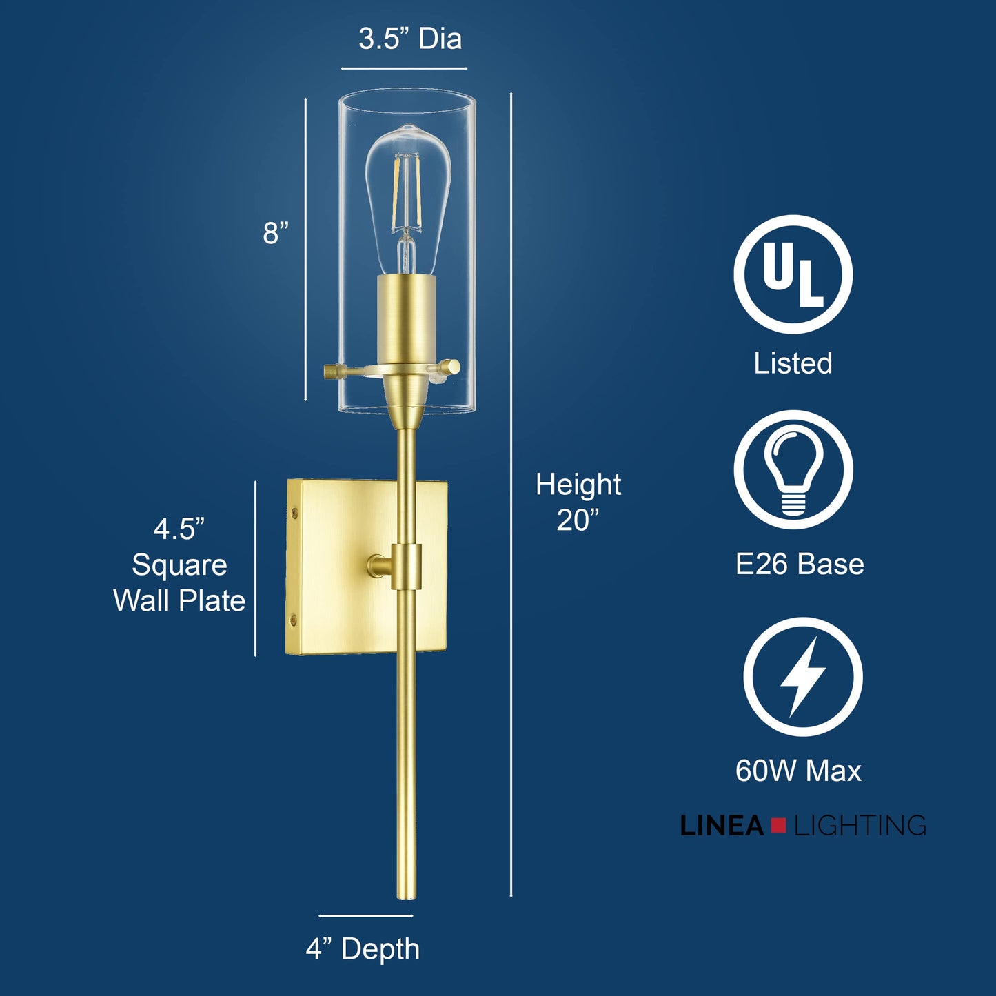 Linea di Liara Gold Wall Sconce Light Fixture, Satin Brass, Indoor Glass Bathroom Lighting, Model LL-WL31-SB