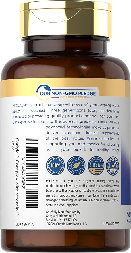 Carlyle Vitamin B Complex Plus Vitamin C | 250 Caplets | Vegetarian, Non-GMO and Gluten Free Supplement