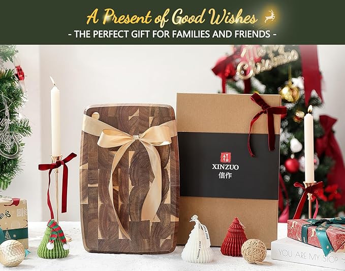 XINZUO Small Acacia Wood End-Grain Kitchen Cutting and Serving Board, for Kitchen, 14" x 9" Reversible Wooden Chopping Board for Meat, Cheese, Fruit & Vegetables,Easy to Clean(Rectangular)