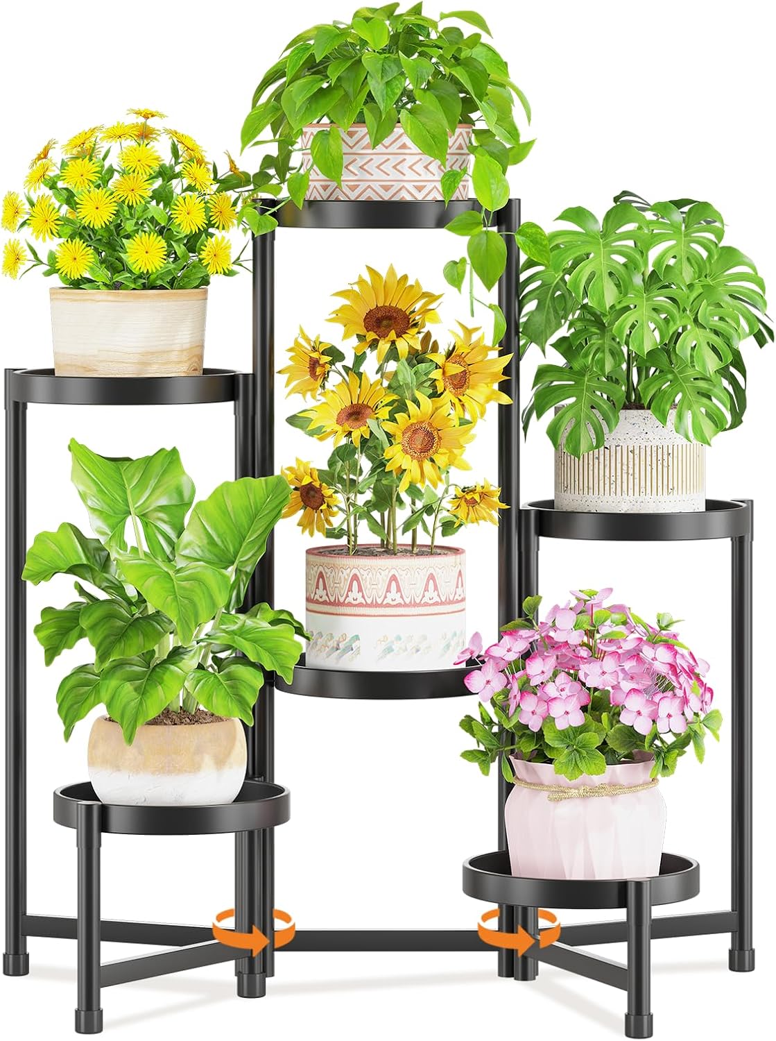 LASZOLA 6 Tiered Folding Plant Stand Indoor for Multiple Large Planter, Tall Heavy Duty Adjustable Rack with Rust Proof 10 Inch Wide Tray, Sturdy Vertical Tree Organizer for Narrow Inside Floor, Black