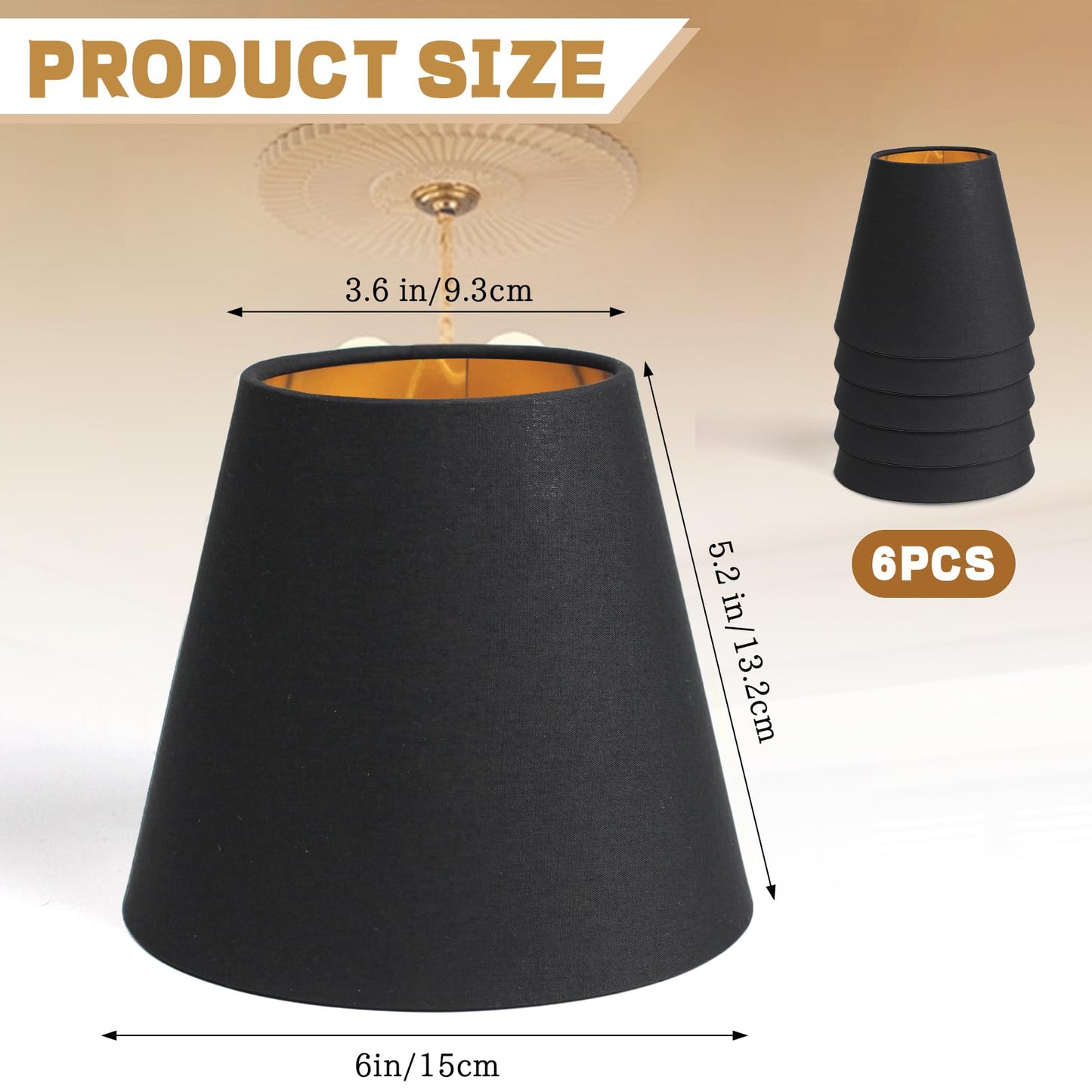 Ruiever 6pack Small Lampshades Clip On Bulb Fabric Lamp shade Bottom 5.9''x Top 3.54''xH 5.12'' for Chandeliers Wall Ceiling Table and Floor Lamps Eyes Protected Lampshades (Black)