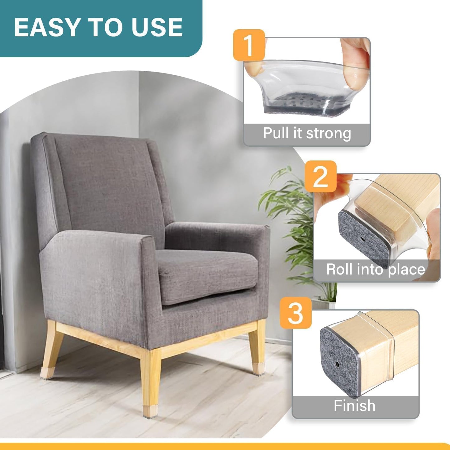 Ansible 24 Pcs Chair Leg Floor Protectors Square, Silicone Felt Furniture Leg Pads Caps Covers for Hardwood Floors (Fit:3/4" to 1")