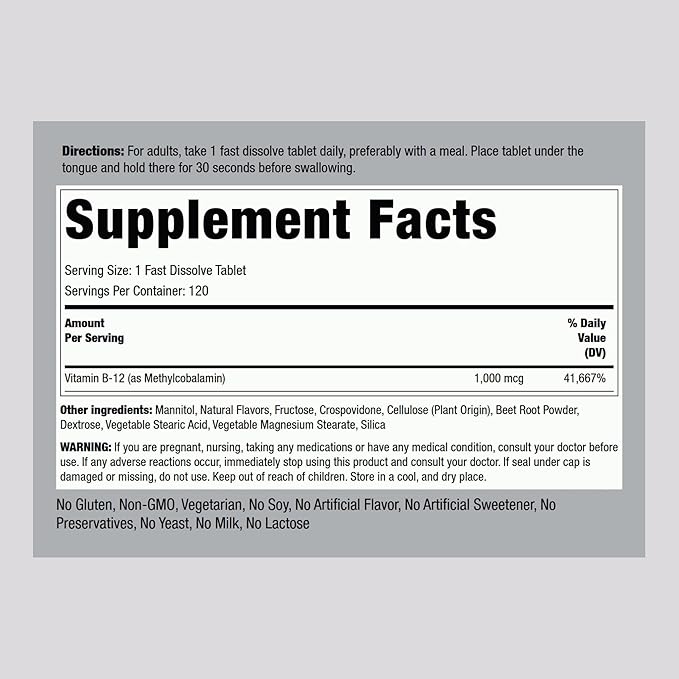Piping Rock Vitamin B-12 Sublingual 1000 mcg | 120 Tablets | Methylcobalamin | Berry Flavor | Non-GMO, Gluten Free Supplement