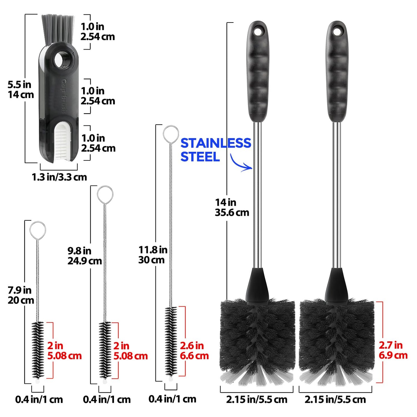 Holikme 6 Pack Bottle Brush Set, 14" Long Handle Stainless Steel Bottle Cleaner Brush, 3 Straw Brushes, 3-in-1 Bottle Cleaning Brush for Water Bottle, Antistatic Lab Brushes, Straws Black