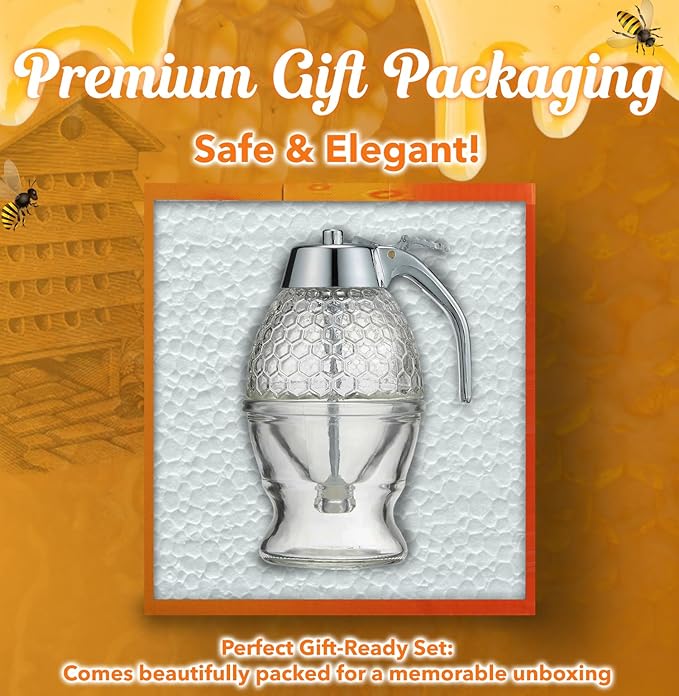 8oz Glass Honey Dispenser with EXCLUSIVE SILICONE MAT & Airtight Lid – Container for Honey, Syrup & Sauces Bottle | Mess-Free, Easy-Pour Design Jar| Premium Quality Glass Pot | Custom Gift Box