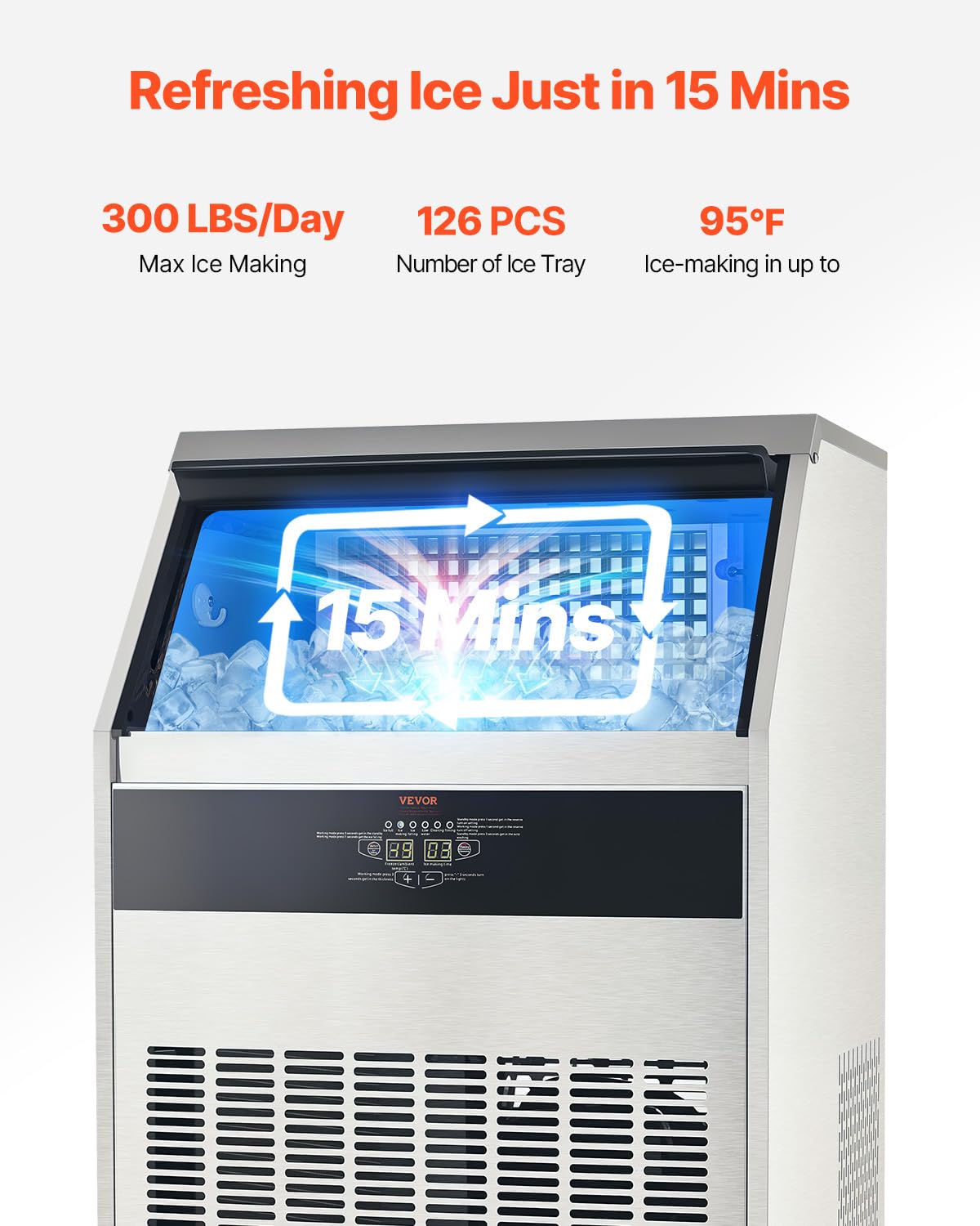 Vevor 300Lbs/24H Commercial Ice Maker, 126 Ice Cubes In 15 Minutes, Freestanding Ice Maker Machine With 88Lbs Large Storage Capa