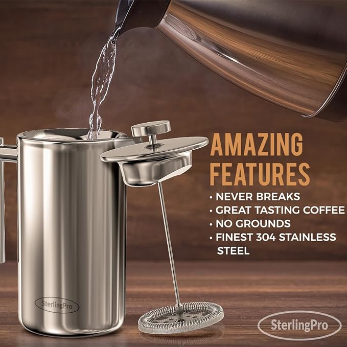 Stainless Steel French Press Coffee Maker Large 1.5 L(51 oz) Mirror – Durable Double Walled Insulated Coffee Press Keeps Drinks Hot, Easy to Use and Clean Stylish Design for Rich Flavor