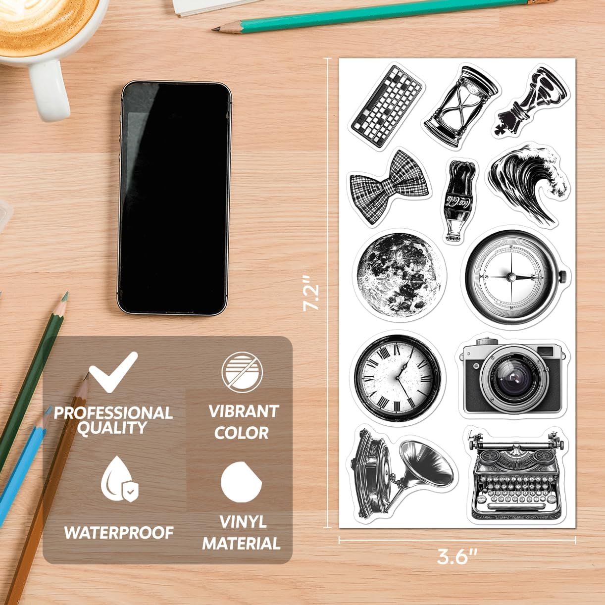 Vintage Science and Curiosity Stickers Pack 108Pcs Black White Retro Vinyl for Journals Laptops Scrapbooking DIY Crafts Students Thinkers Laptop Bike Wall