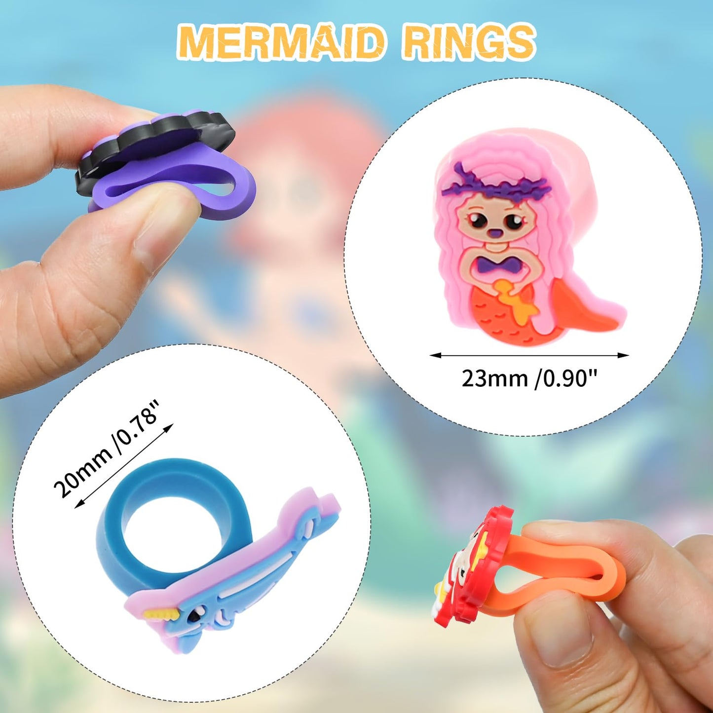 Pabucle 30 Pcs Mermaid Rubber Rings Soft Ocean Theme Cupcake Ring for Birthday Party Favors Supplies Pretend and Dress Up Rings
