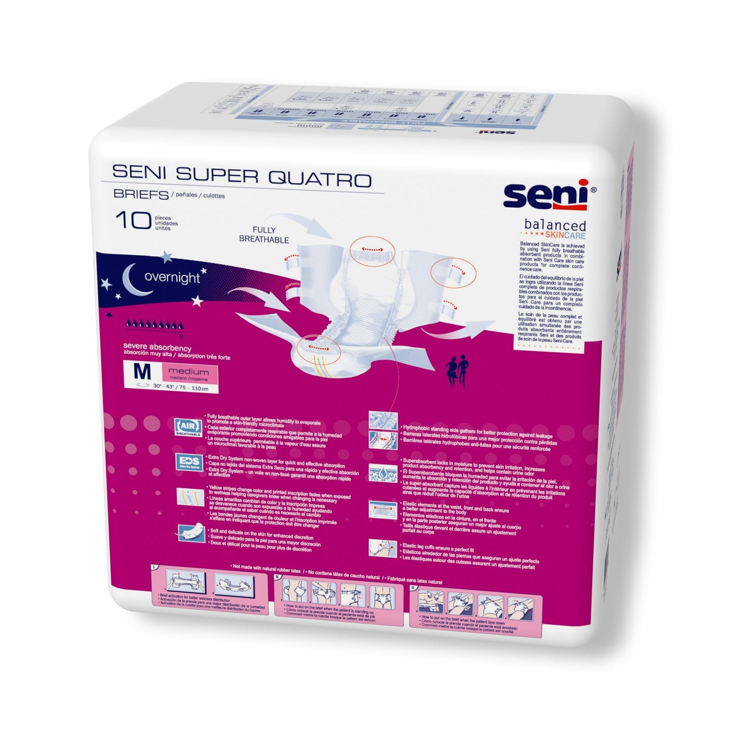 Seni Super Quatro Unisex Adult Incontinence Briefs with Tabs, Size Medium (30"-43"), 40 Count (4 Packs of 10), Severe Absorbency, Disposable Overnight Briefs for Men & Women