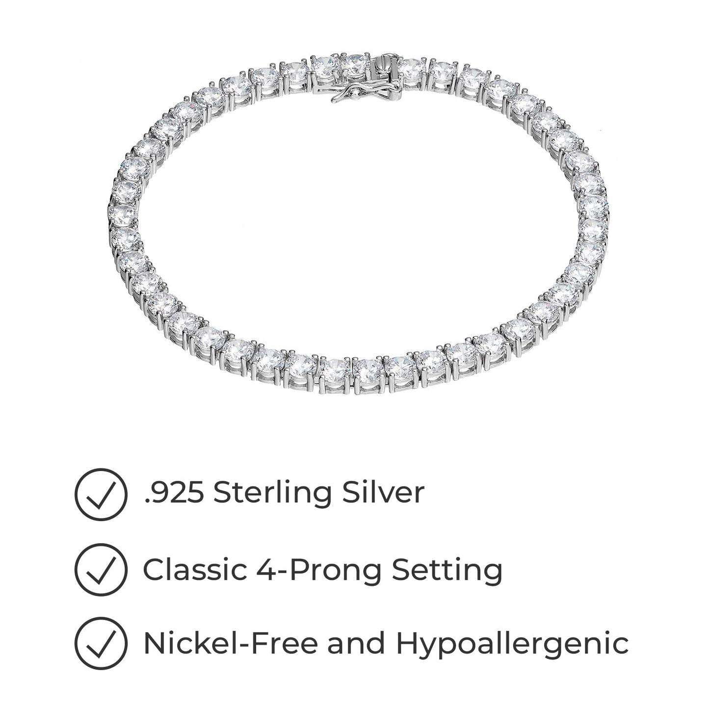 Amazon Essentials Platinum Plated Sterling Silver Round Cut Cubic Zirconia Tennis Bracelet (4mm), 7.5 (previously Amazon Collect