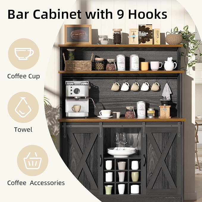 Farmhouse Coffee Bar Cabinet with 3 Tier Storage Hutch, 47'' Coffee Bar Station with Sliding Barn Door, Hutch Storage Cabinet with 9 Wine Racks & 9 Hooks for Kitchen Dining Living Room