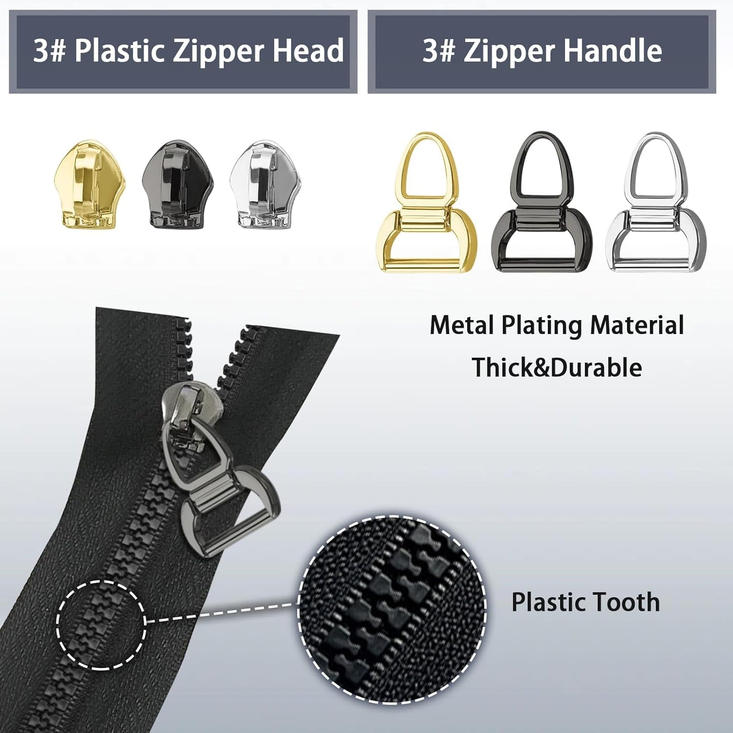 VICHERIA Zipper Repair Kit (45 Pcs), Universal Zippers for Sewing, Replacement Slider Pull Fix Kit for Jackets, Coat, Boot, Backpack, Purse (3#-B-9Pcs)