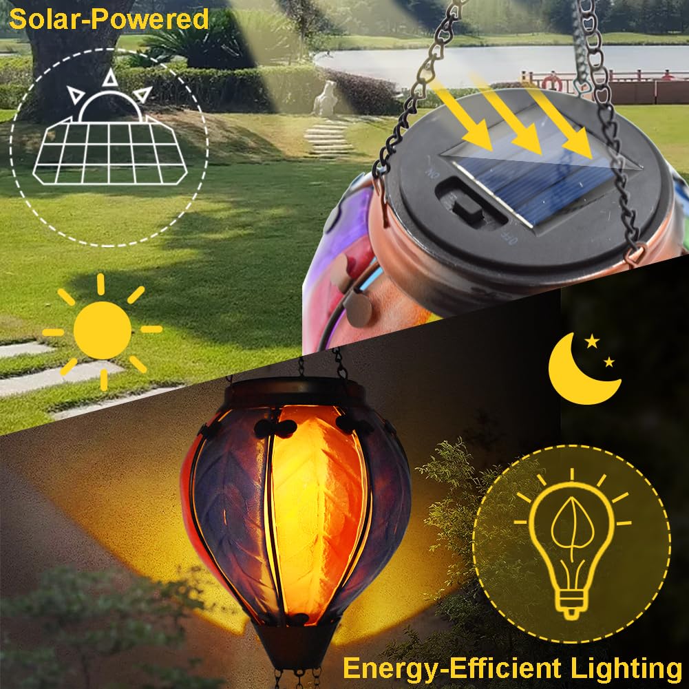 teyigarden Hot Air Balloon Solar Lantern, Flickering Flame, 18in H, Glass, Outdoor Waterproof, Colorful-A