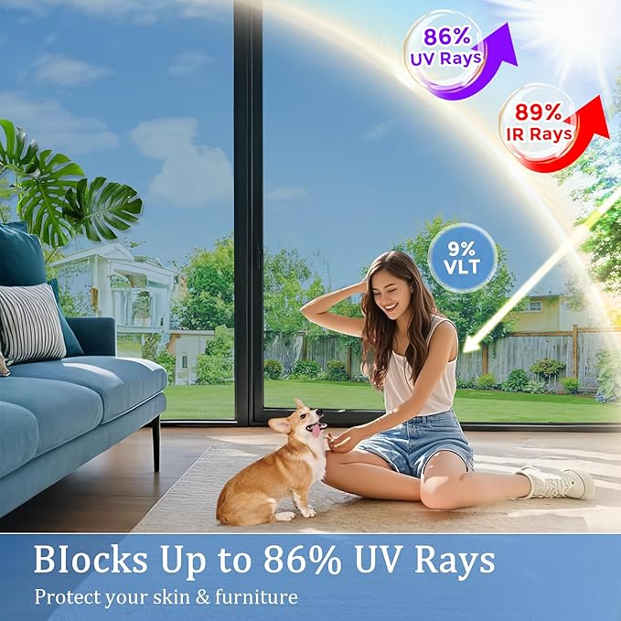 Coavas One Way Privacy Window Film,Daytime Window Tint for Home, Reflective Mirror Glass Window Film See Out Not in,Heat UV Blocking Anti-Glare Window Covers with 3 Tools, 17.5 x 118.1 Inch, Blue