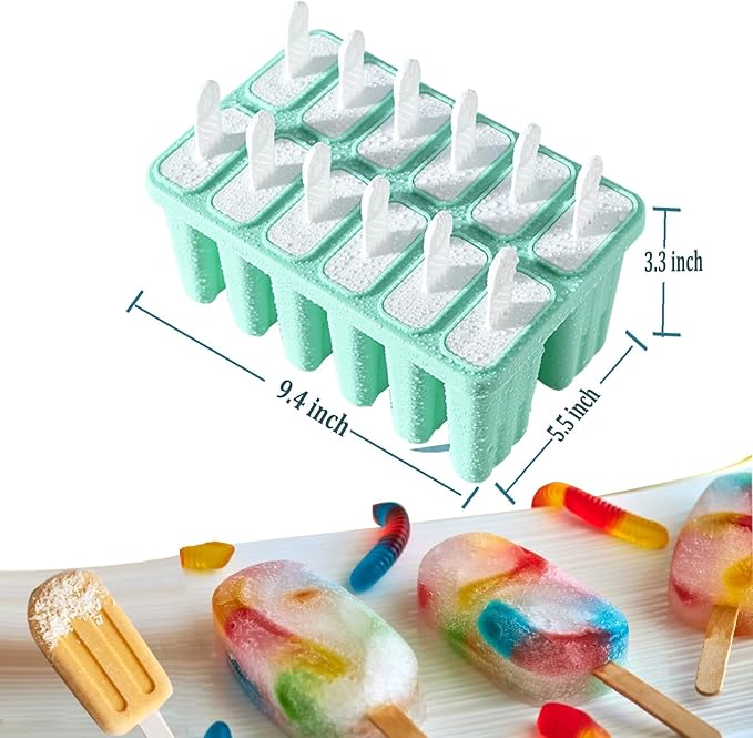 Silicone Popsicle Molds with Sticks Wpunwen 12 cavity Ice Popsicle MoldsIce Cream Mold with Clean Brush 12 Reusable Sticks 50 Sticks 50 Bags Green