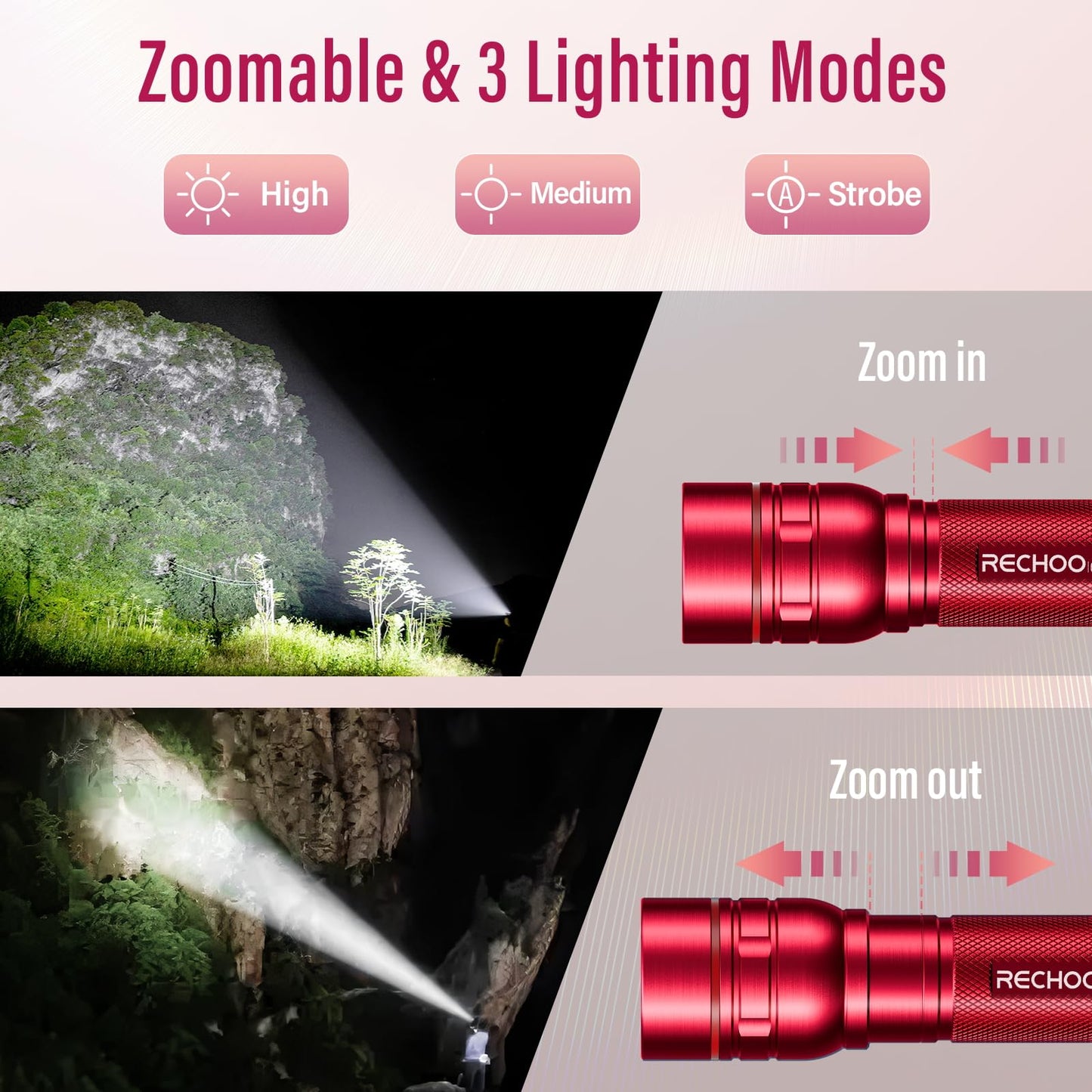 RECHOO G1000 Rechargeable Flashlights 2 Pack, Small LED Torch, 3 Lighting Modes, Aluminum, Red