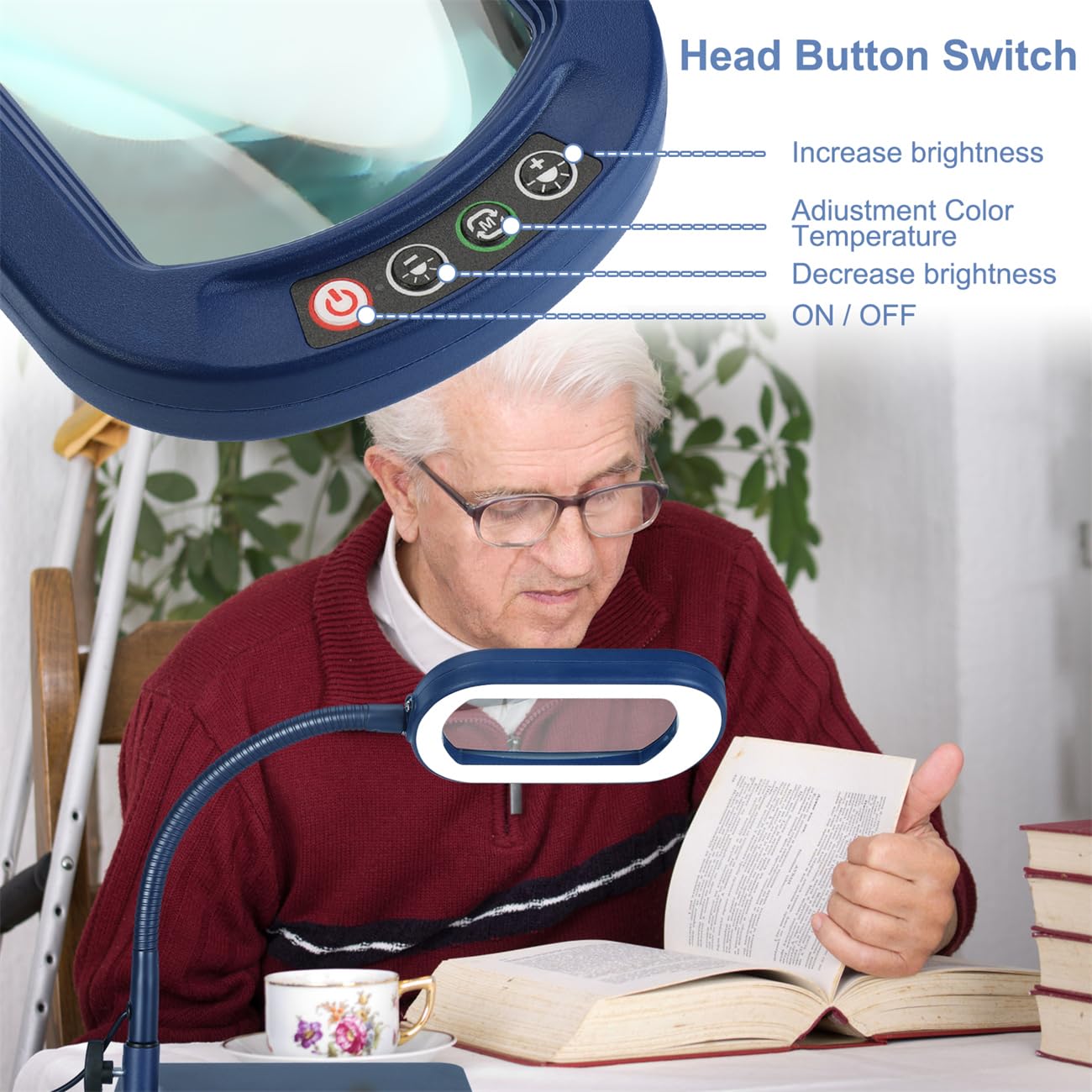 Veemagni 10X Rectangle Magnifying Glass with Light, Metal, Blue, Model GE602, Flexible Gooseneck LED Desk Lamp, 5 Color Modes