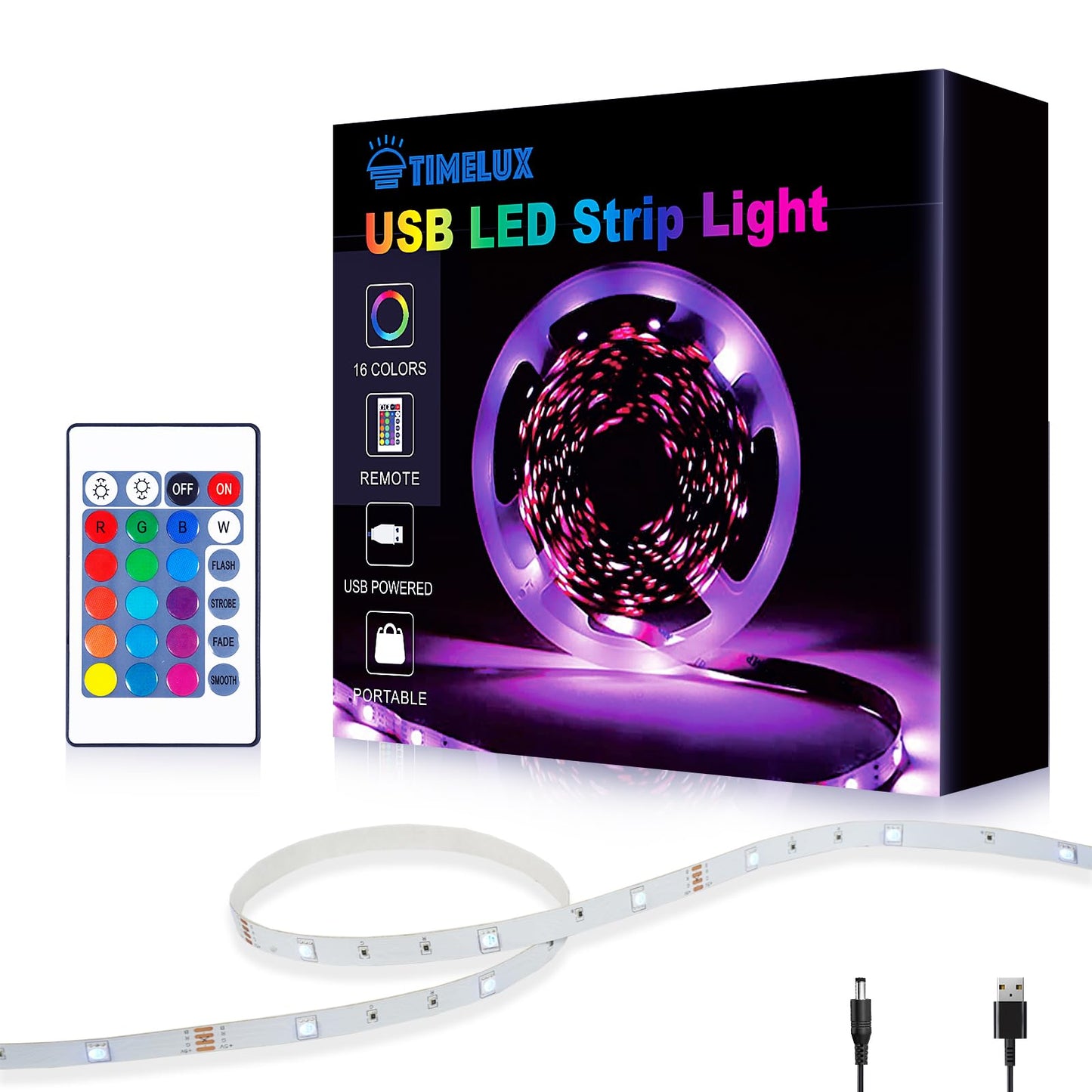 TIMELUX LED Backlights for TV, 10ft RGB Color Changing Strip Lights, USB Operated, Model BRT-ST5050USB, Dimmable with Remote Controller