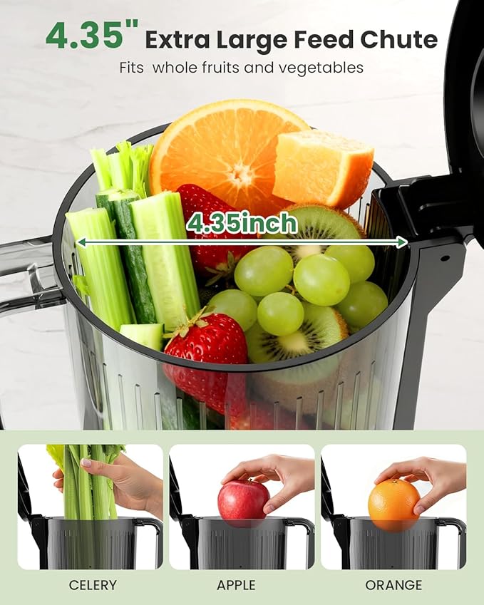 Kismile Cold Press Juicer Machine with Touch Control & 3 Modes, 4.35” Wide Feed Chute Slow Juicer for Whole Fruits & Vegetables, Stainless Steel Juicer Press, Easy to Clean, High Juice Yield for Home