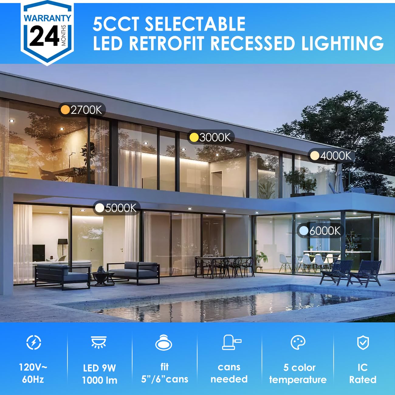 Anwio Recessed Lighting 6 Inch Black  5Cct 9W 1000Lm Flat Retrofit Led Recessed Lights Can Needs  2700/3000/4000/5000/6000K Selectable Can Lights Cri 80+ Dimmable E26 Base Ic Rated & Etl 8 Pack
