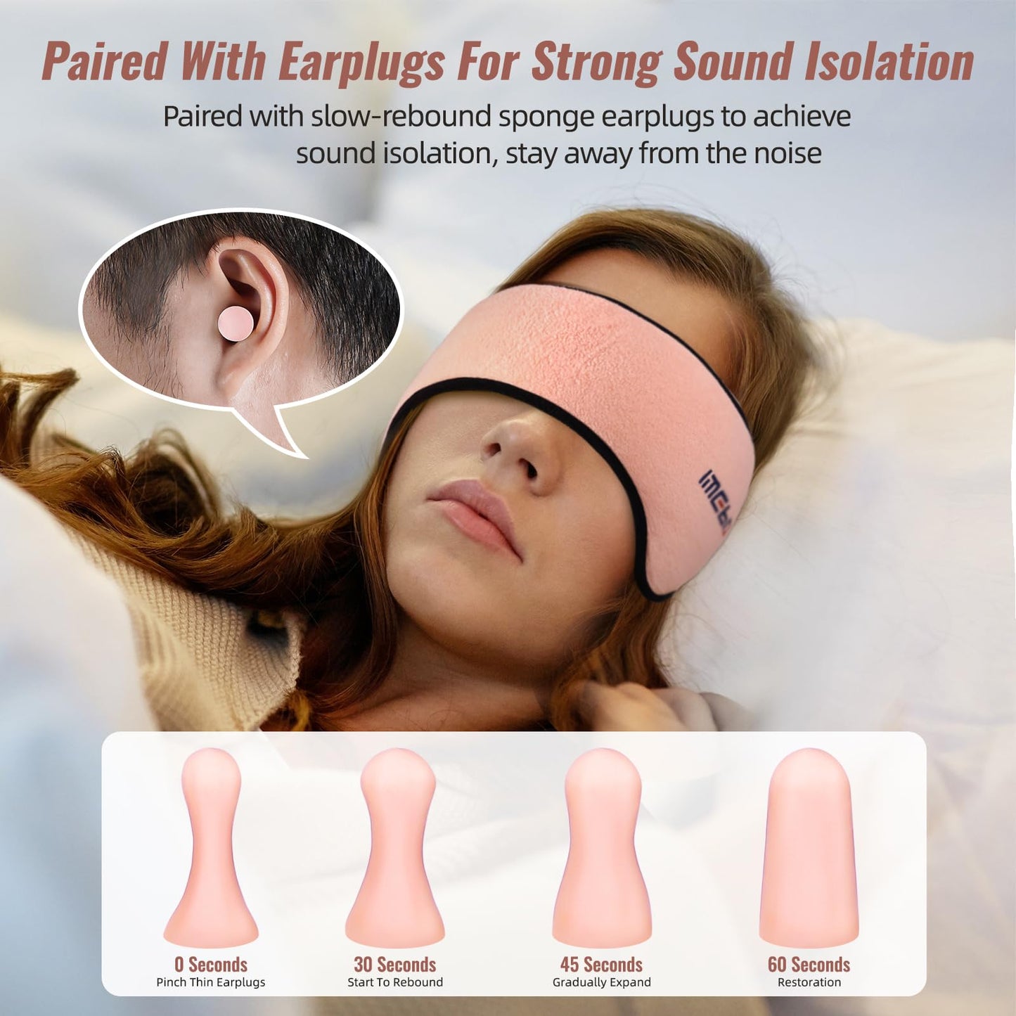 Plush Sleep Mask - Adjustable Headband, 2 in 1 Eye & Ear Mask for Men & Women, Soft Eye Cover for Side Sleepers (Pink)