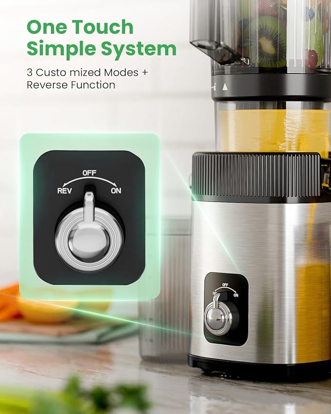 Kismile Cold Press Juicer, Juicer Machines Vegetable and Fruit, 4.35" Wide Feed Chute, Slow Masticating Juice Maker with Reverse Function, Electric Juicers Easy to Clean, Stainless Steel Juicer