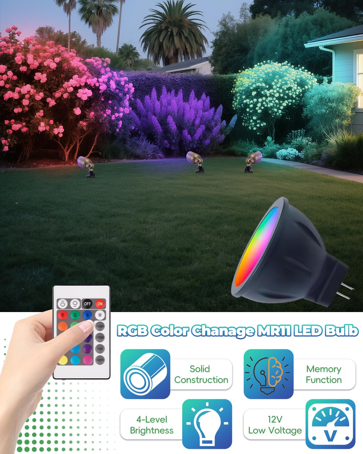 Makergroup MR11 LED Bulb, RGB + Warm White, 3W, Dimmable, 12V, 3 Pack