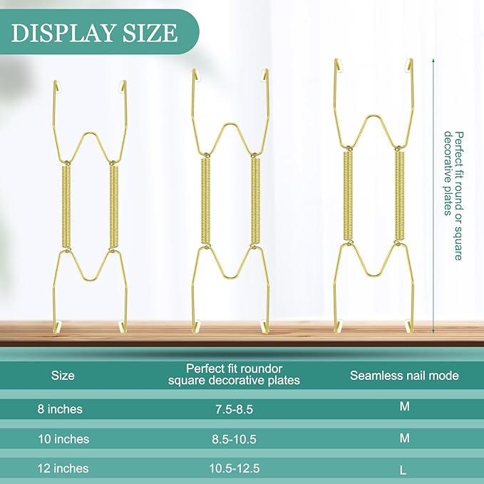 Hotop 12 Pieces Plate Hangers for Wall 8/10/12 Inch Stainless Steel Wire Invisible Plate Hangers Heavy Duty Display Holders with 12 Pieces Hooks for Wall Decorative(Gold)