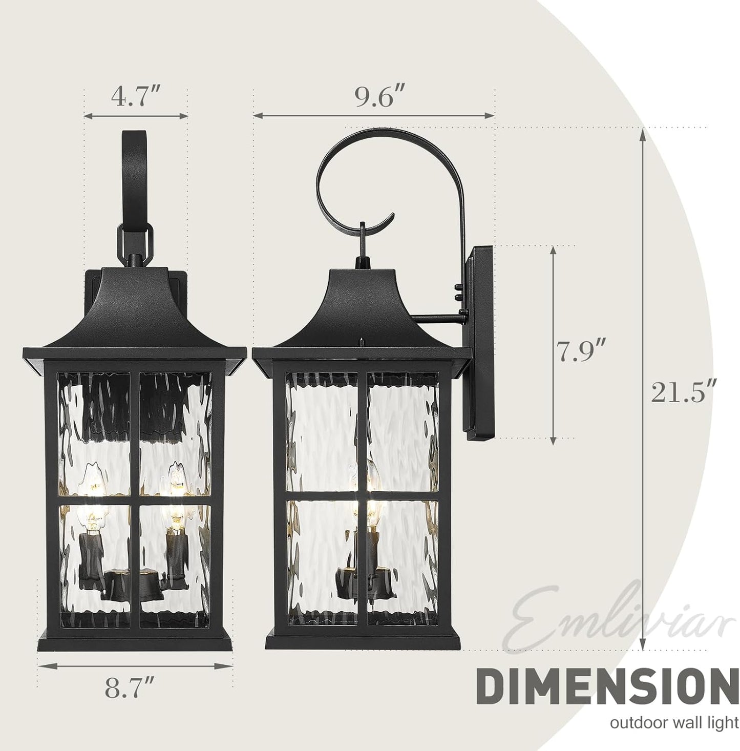 Emliviar 2-Light Large Outdoor Wall Sconce Lighting, 21.5" Outside Classic Porch Lamp in Black Finish, Wall Lantern with E12 Sockets, Water Ripple Glass, YXE306B-M BK-SW