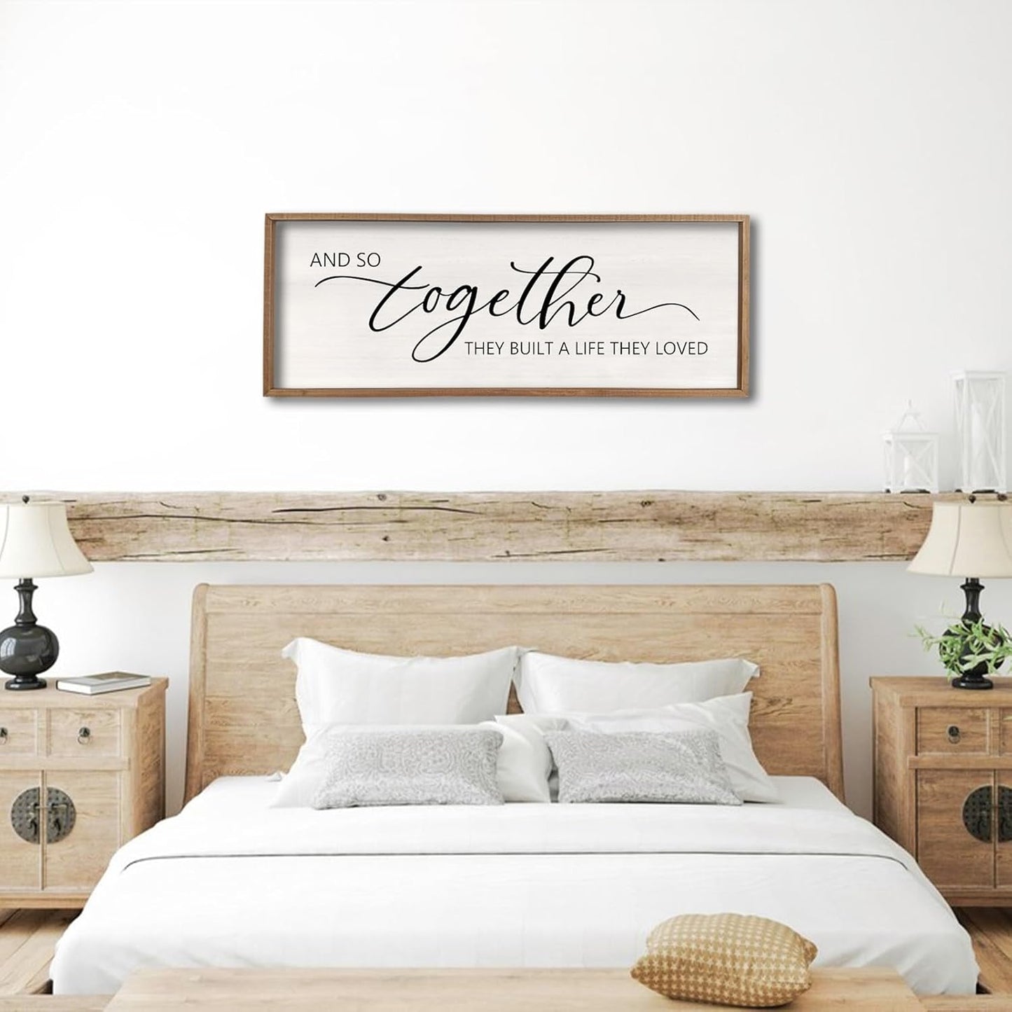 And So Together They Built A Life They Loved Sign 40”X15” Master Bedroom Above Bed Wall Decor Large Framed Wood Farmhouse Sign for Over Bed Bedside Wall Art for Love Sign Decor (Wood)
